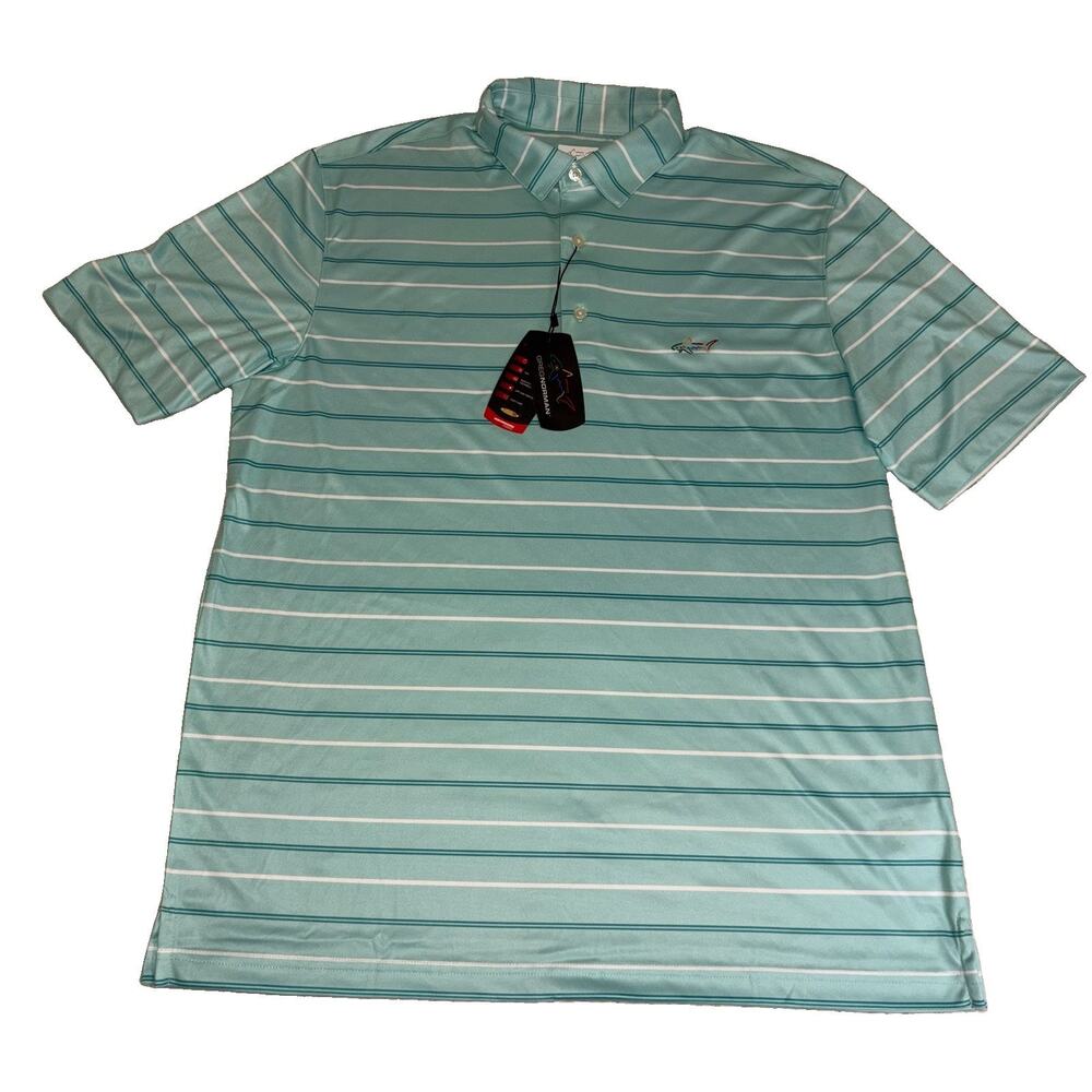NWT Greg Norman Play Dry Golf Striped Polo Shirt Mens L Mint/Aqua